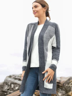 Strickjacken| Longstrickjacke mit grafischem Strick-Muster grau-gemustert