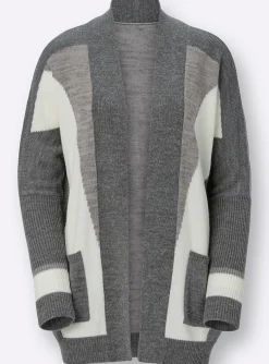 Strickjacken| Longstrickjacke mit grafischem Strick-Muster grau-gemustert