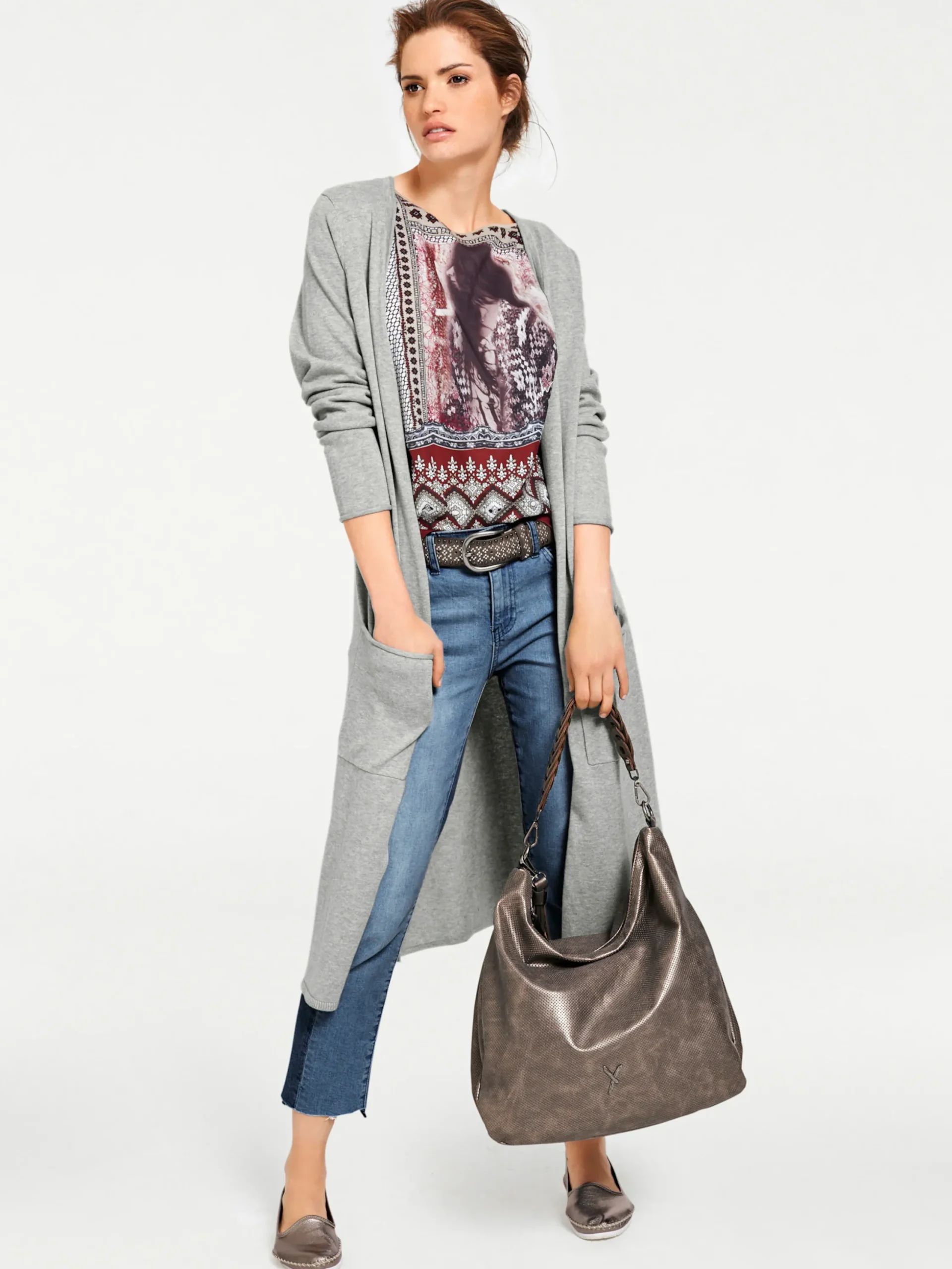 Basics|Strickjacken|heine Longstrickjacke mit Seitenschlitzen grau-melange