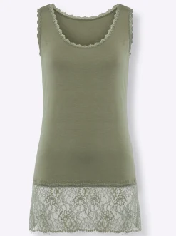 Shirts|heine Longtop mit Spitze am Saum khaki