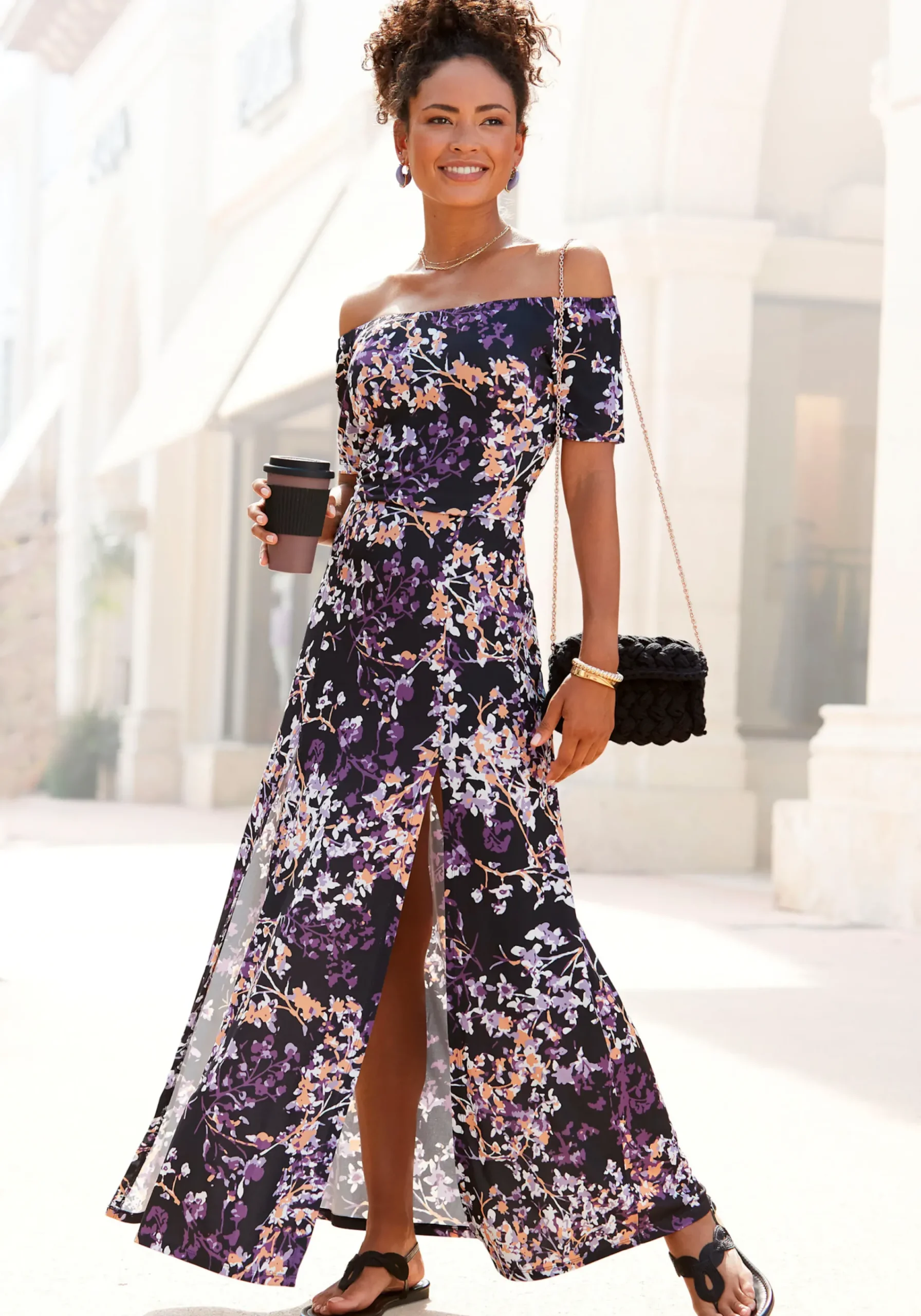 Kleider|Vivance Maxikleid schwarz-lilabedruckt
