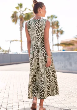 Kleider|LASCANA Maxikleid grün-taupe-bedruckt