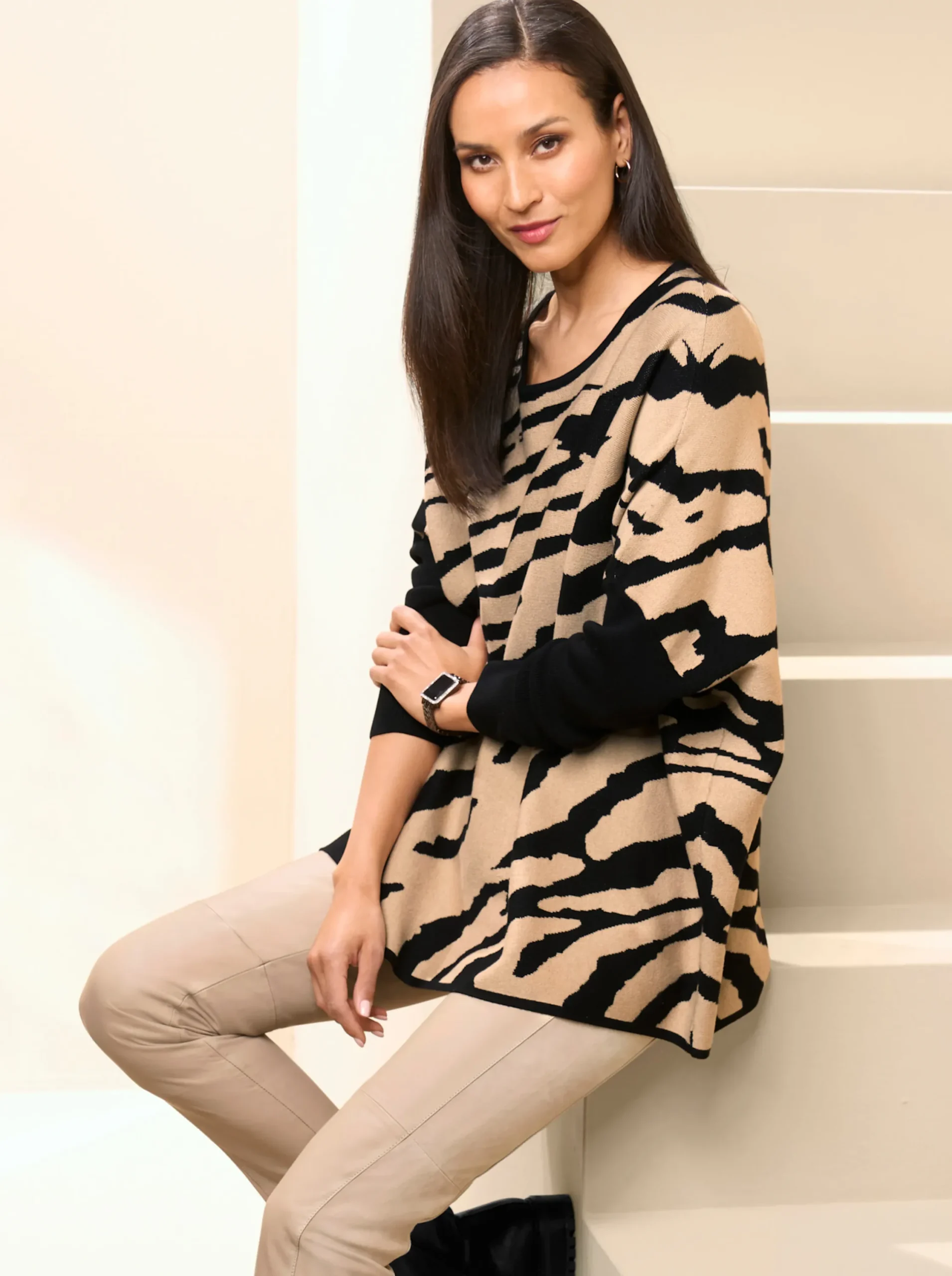 Pullover|heine Oversize-Pullover mit Animal-Print schwarz-beige-gemustert