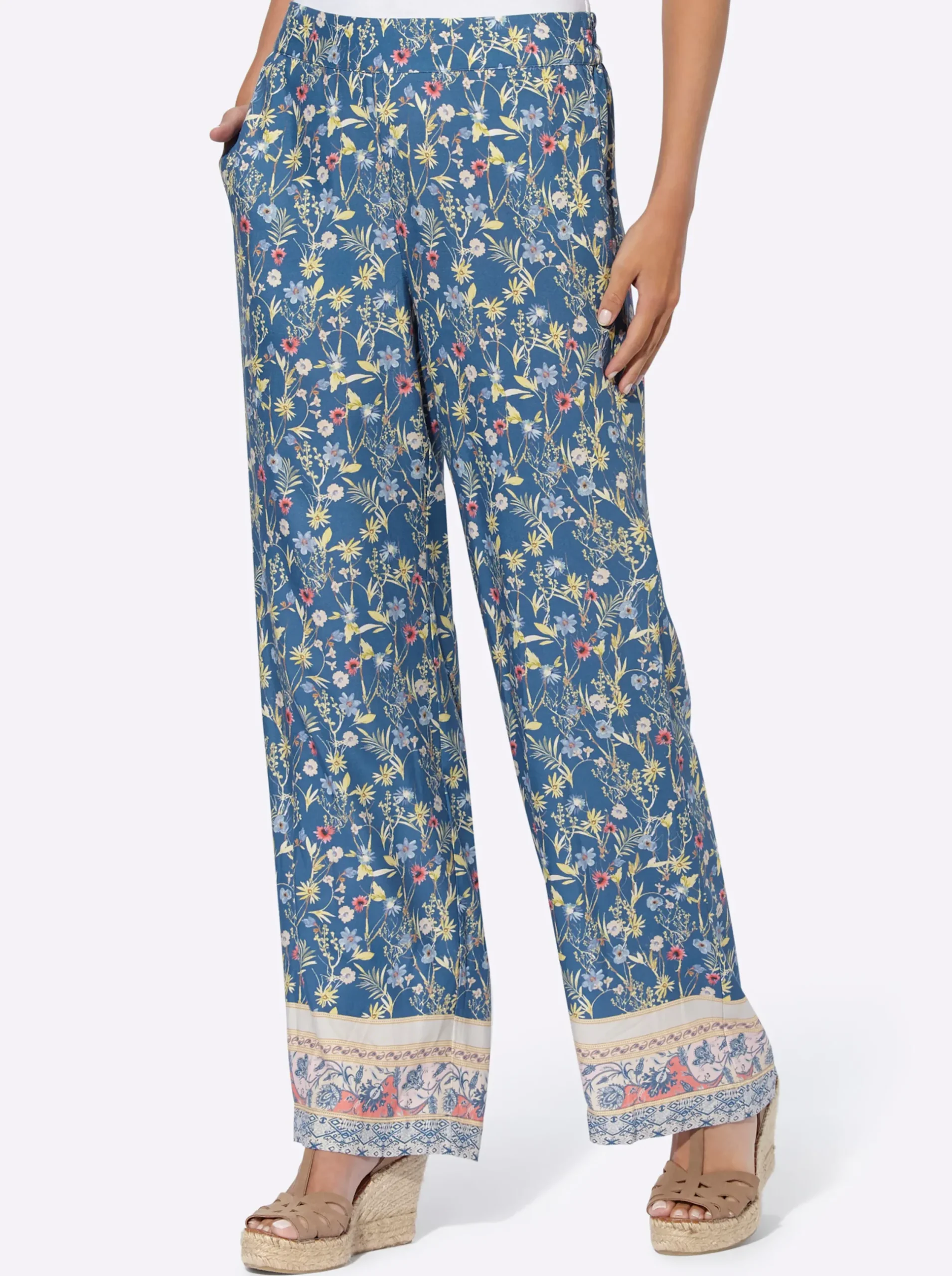 Hosen|heine Palazzohose mit Floral-Print jeansblau-zitrone-bedruckt