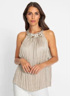 Blusen|Shirts|heine Pliseetop mit Ketten-Verzierung beige