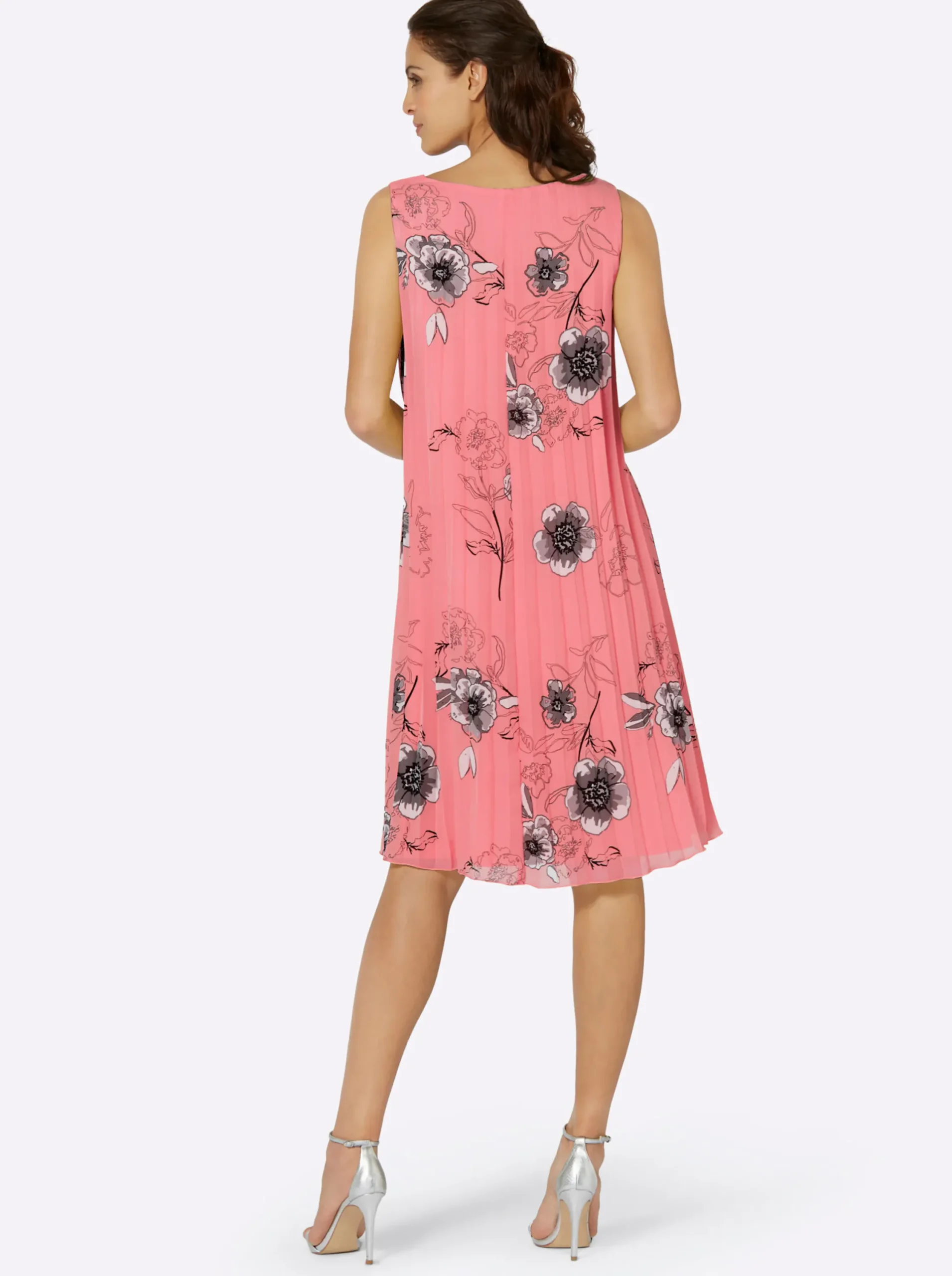 Abendkleider| Plisseekleid aus Georgette, gefüttert flamingo-grau-bedruckt