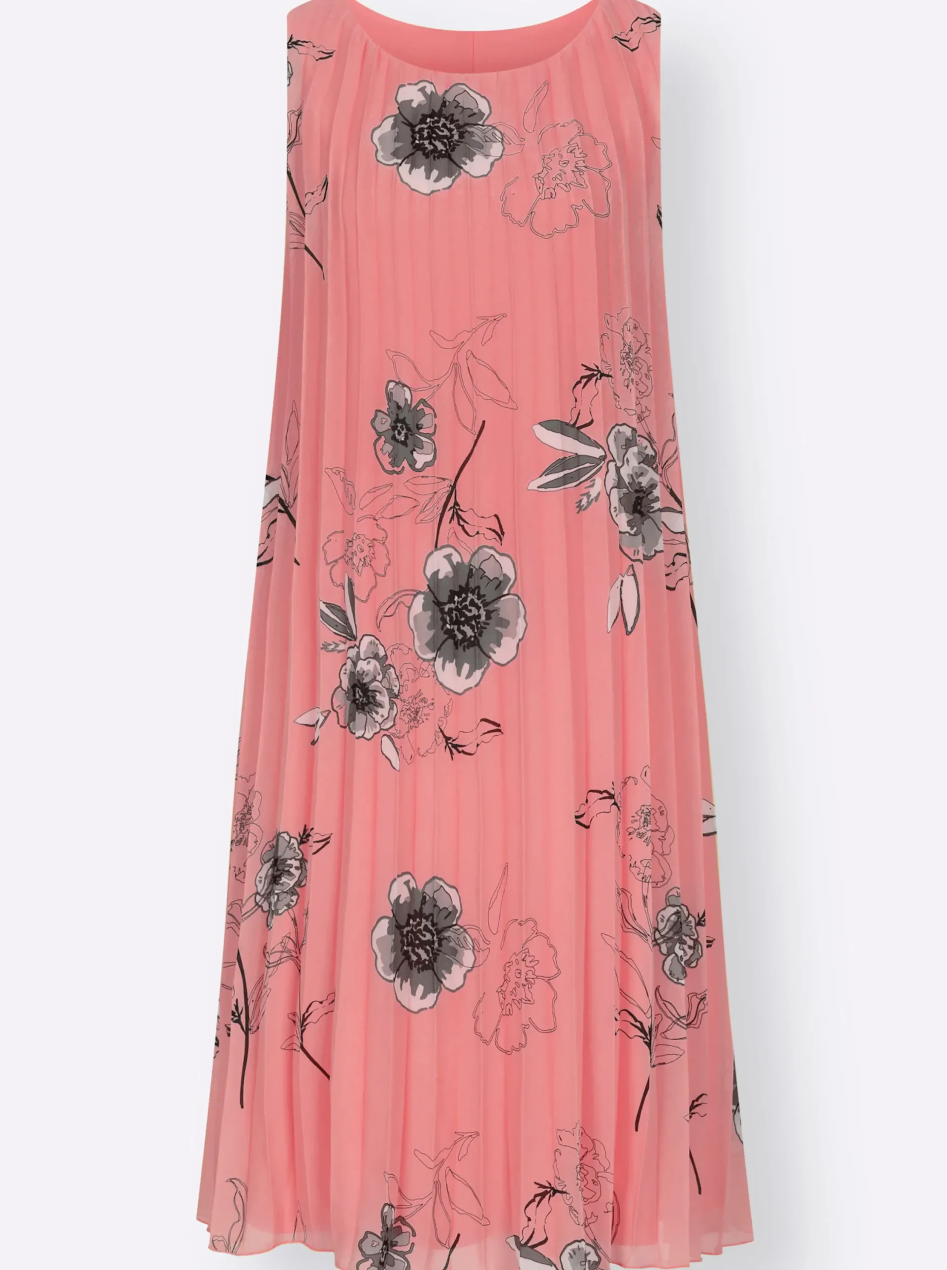 Abendkleider| Plisseekleid aus Georgette, gefüttert flamingo-grau-bedruckt