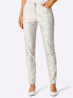 Hosen|CREATION L PREMIUM 5-Pocket-Jeans in softer Twill-Qualität ecru-rosé-bedruckt