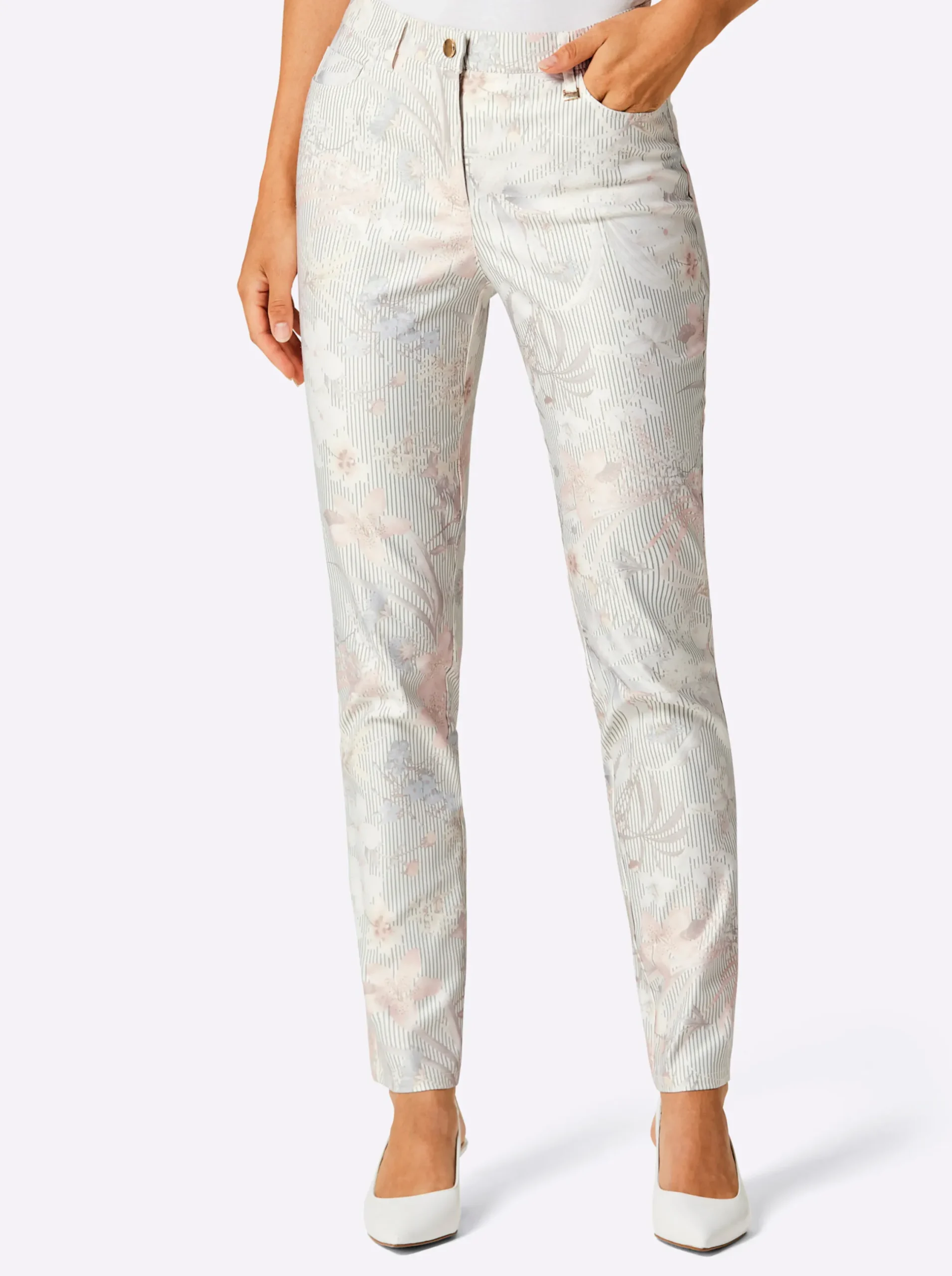 Hosen|CREATION L PREMIUM 5-Pocket-Jeans in softer Twill-Qualität ecru-rosé-bedruckt