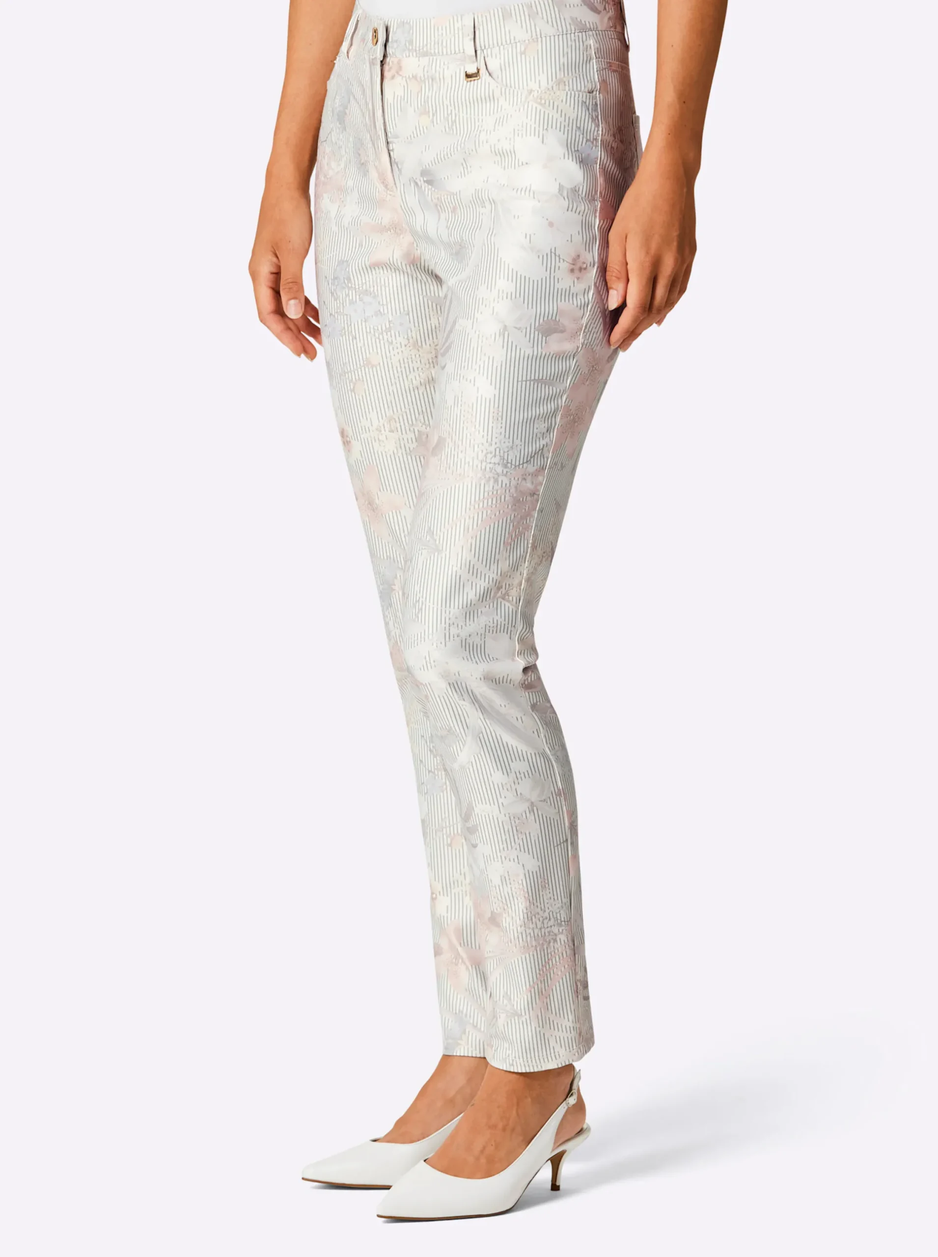 Hosen|CREATION L PREMIUM 5-Pocket-Jeans in softer Twill-Qualität ecru-rosé-bedruckt