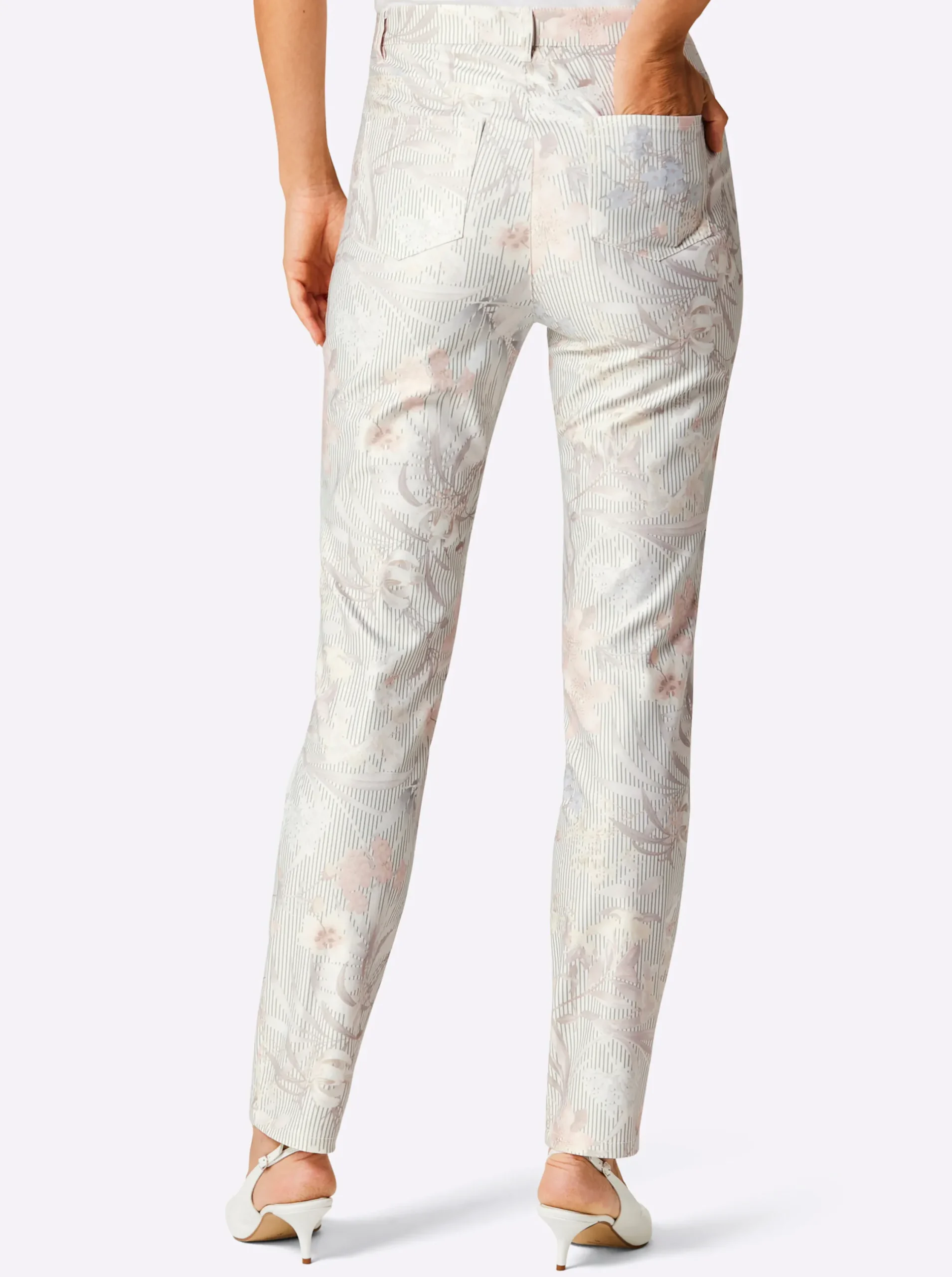 Hosen|CREATION L PREMIUM 5-Pocket-Jeans in softer Twill-Qualität ecru-rosé-bedruckt