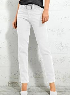 Jeans| 5-Pocket-Jeans mit bestickten Gesäßtaschen weiß