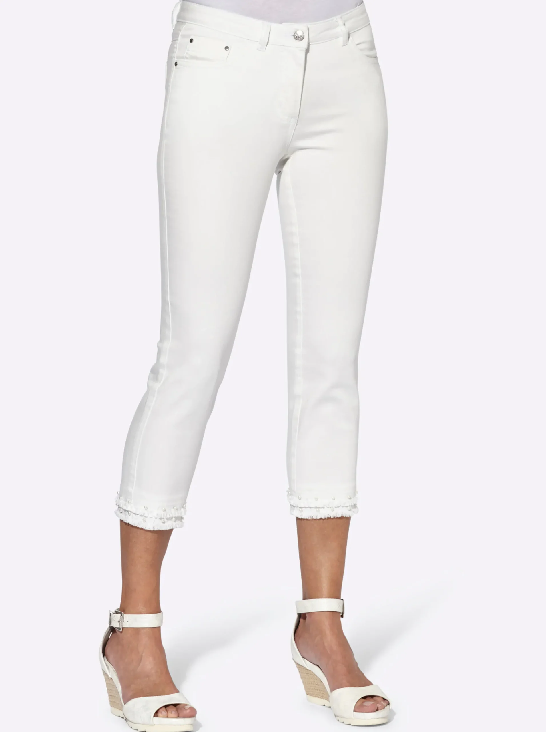 Jeans| 5-Pocket-Jeans mit Fransen am Saum weiß