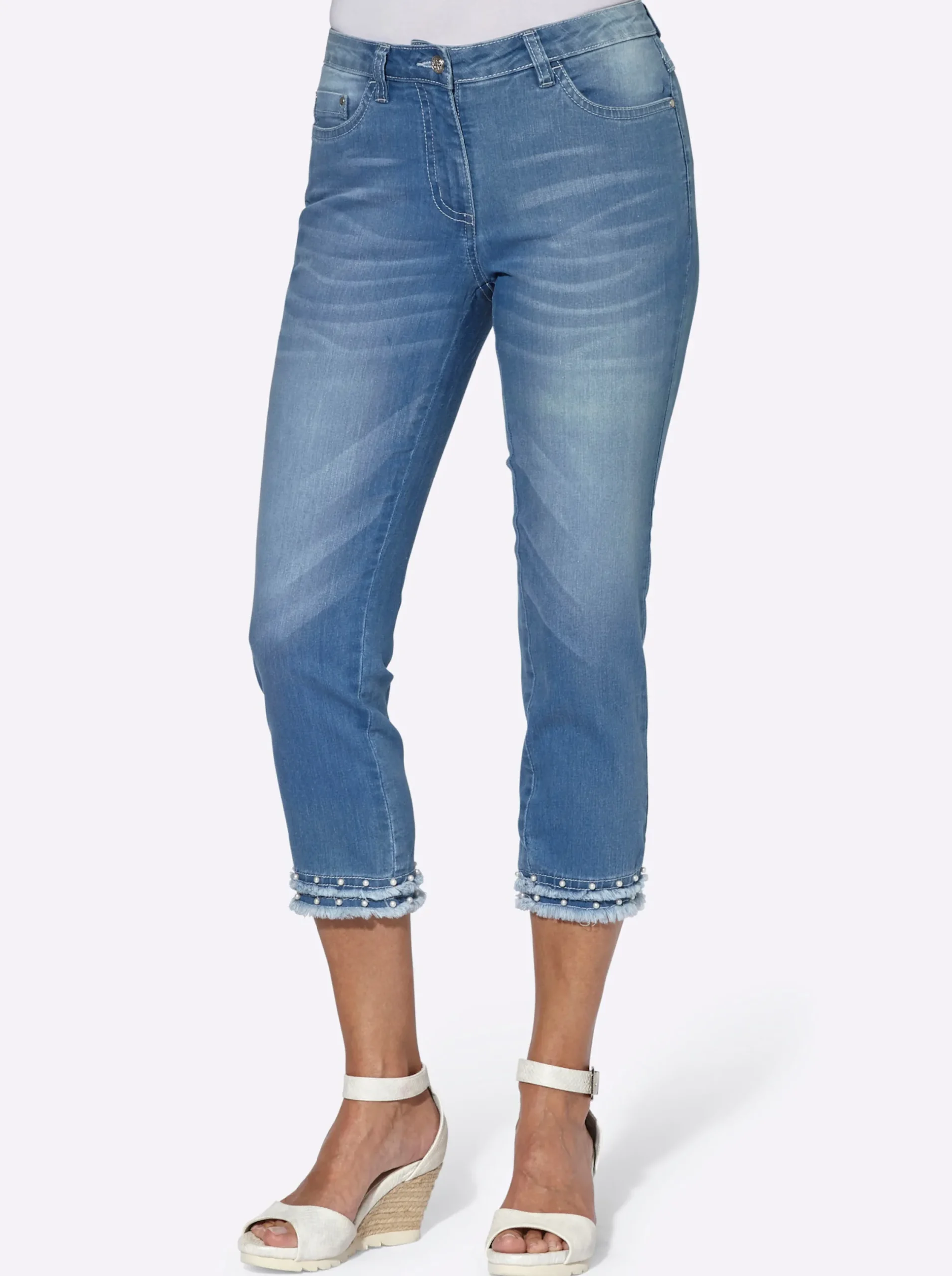 Jeans| 5-Pocket-Jeans mit Fransen am Saum blue-bleached