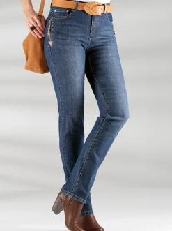 Jeans| 5-Pocket-Jeans mit Reißverschluss und Lederimitat-Anhänger blue-stone-washed