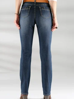 Jeans| 5-Pocket-Jeans mit Reißverschluss und Lederimitat-Anhänger blue-stone-washed
