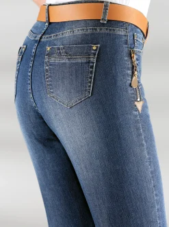 Jeans| 5-Pocket-Jeans mit Reißverschluss und Lederimitat-Anhänger blue-stone-washed