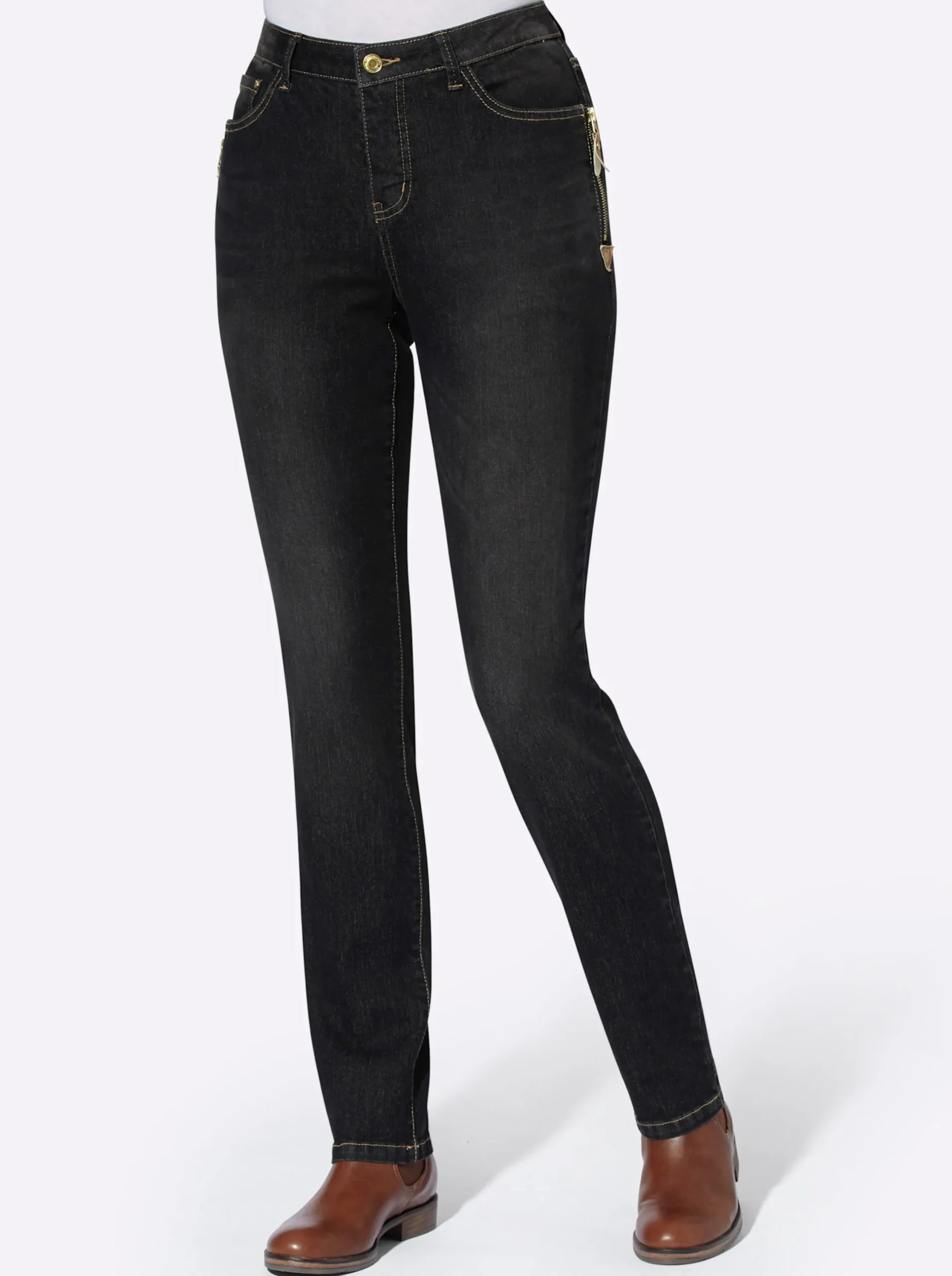 Jeans| 5-Pocket-Jeans mit Reißverschluss und Lederimitat-Anhänger black-denim