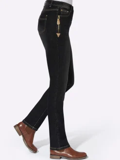 Jeans| 5-Pocket-Jeans mit Reißverschluss und Lederimitat-Anhänger black-denim