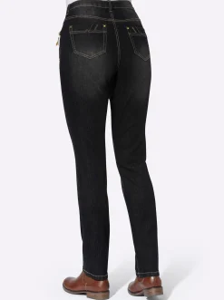 Jeans| 5-Pocket-Jeans mit Reißverschluss und Lederimitat-Anhänger black-denim