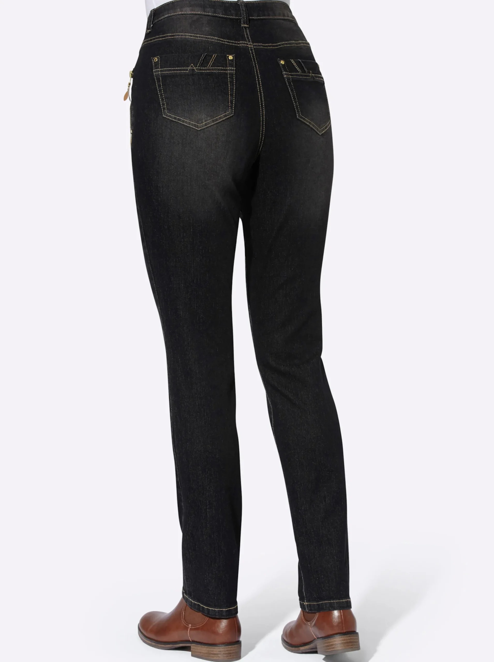 Jeans| 5-Pocket-Jeans mit Reißverschluss und Lederimitat-Anhänger black-denim
