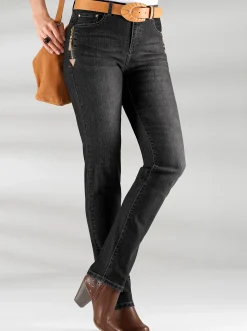 Jeans| 5-Pocket-Jeans mit Reißverschluss und Lederimitat-Anhänger black-denim