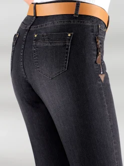 Jeans| 5-Pocket-Jeans mit Reißverschluss und Lederimitat-Anhänger black-denim