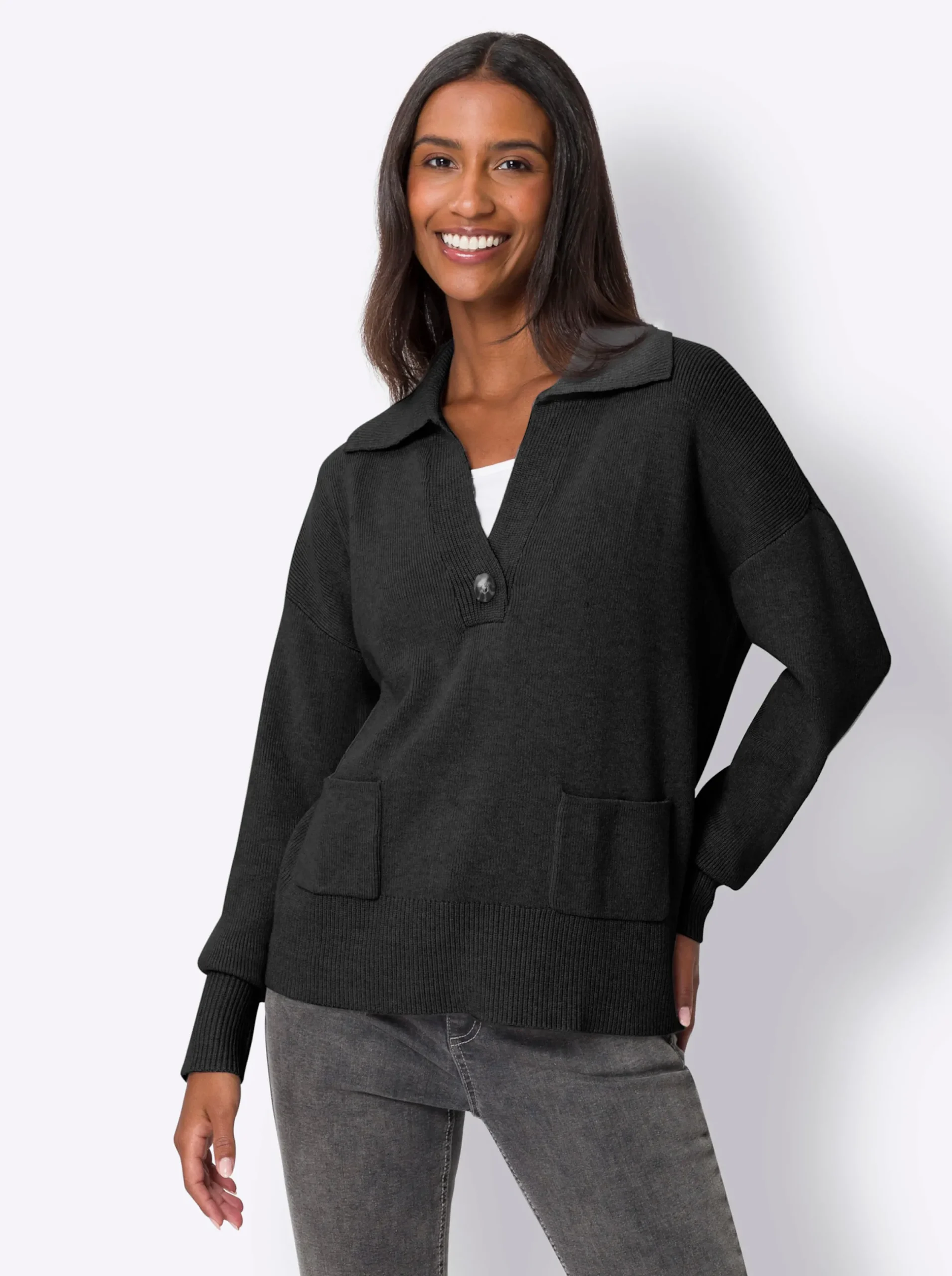 Pullover|heine Polopullover mit Taschen schwarz