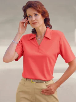 Shirts| Poloshirt mit Druckknopf-Leiste korallenrot
