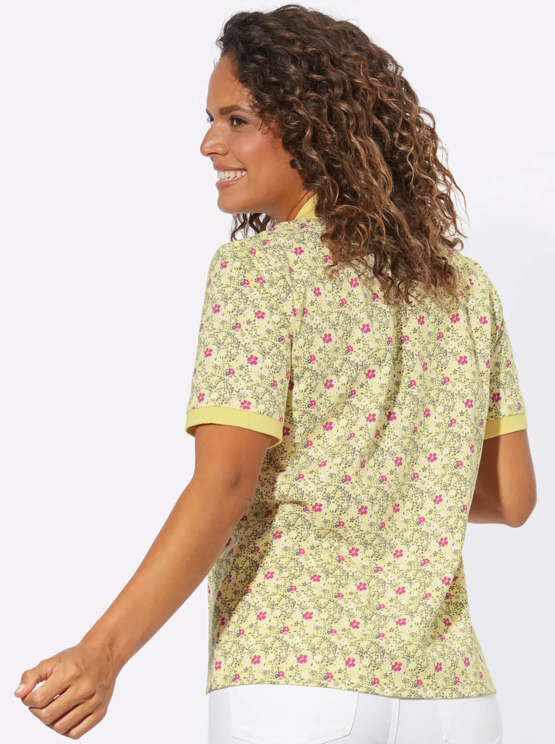 Shirts| Poloshirt mit Knopfleiste zitrone-fuchsia-bedruckt