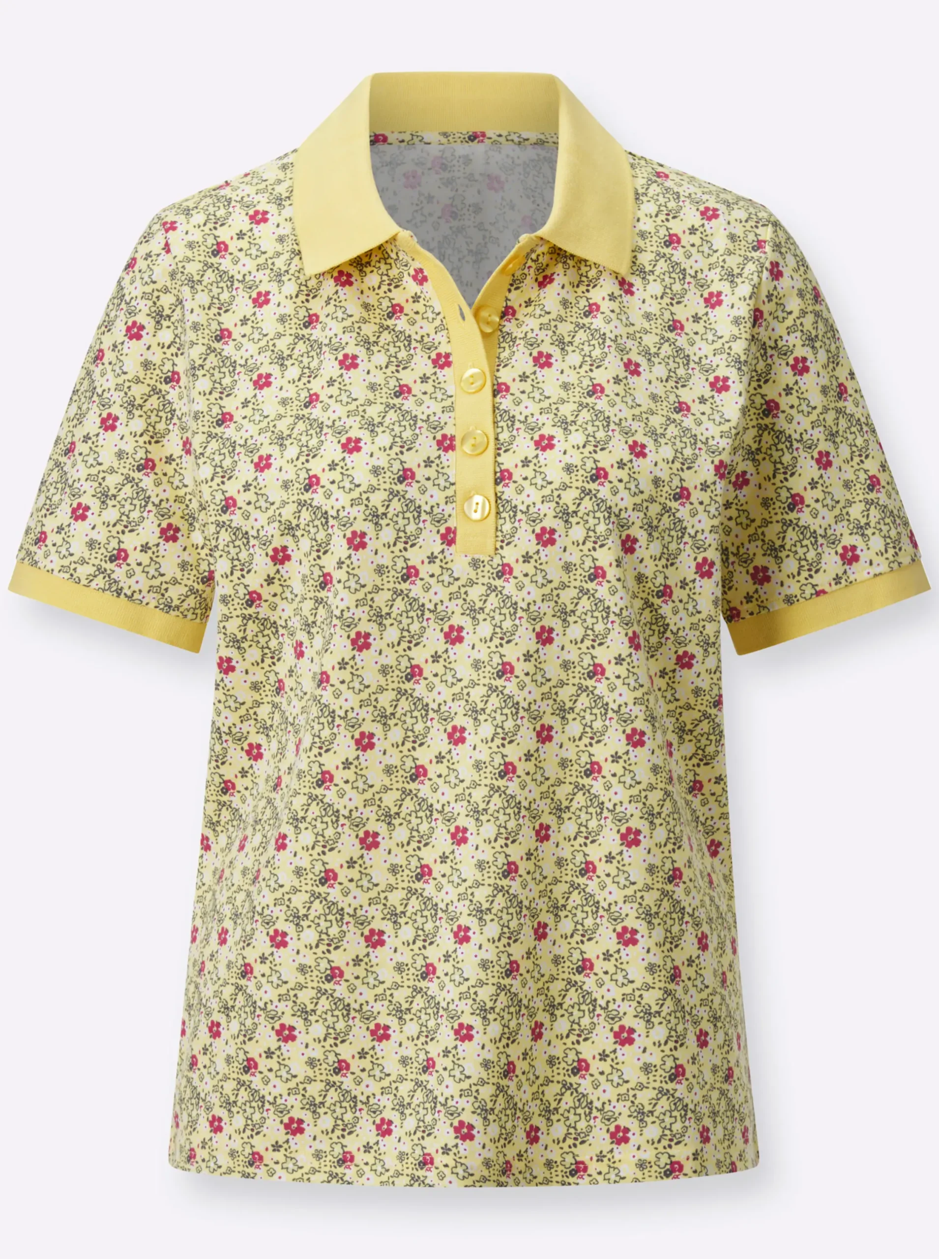 Shirts| Poloshirt mit Knopfleiste zitrone-fuchsia-bedruckt