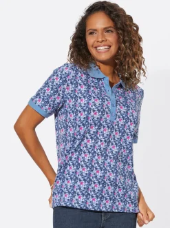 Shirts| Poloshirt mit Knopfleiste bleu-fuchsia-bedruckt