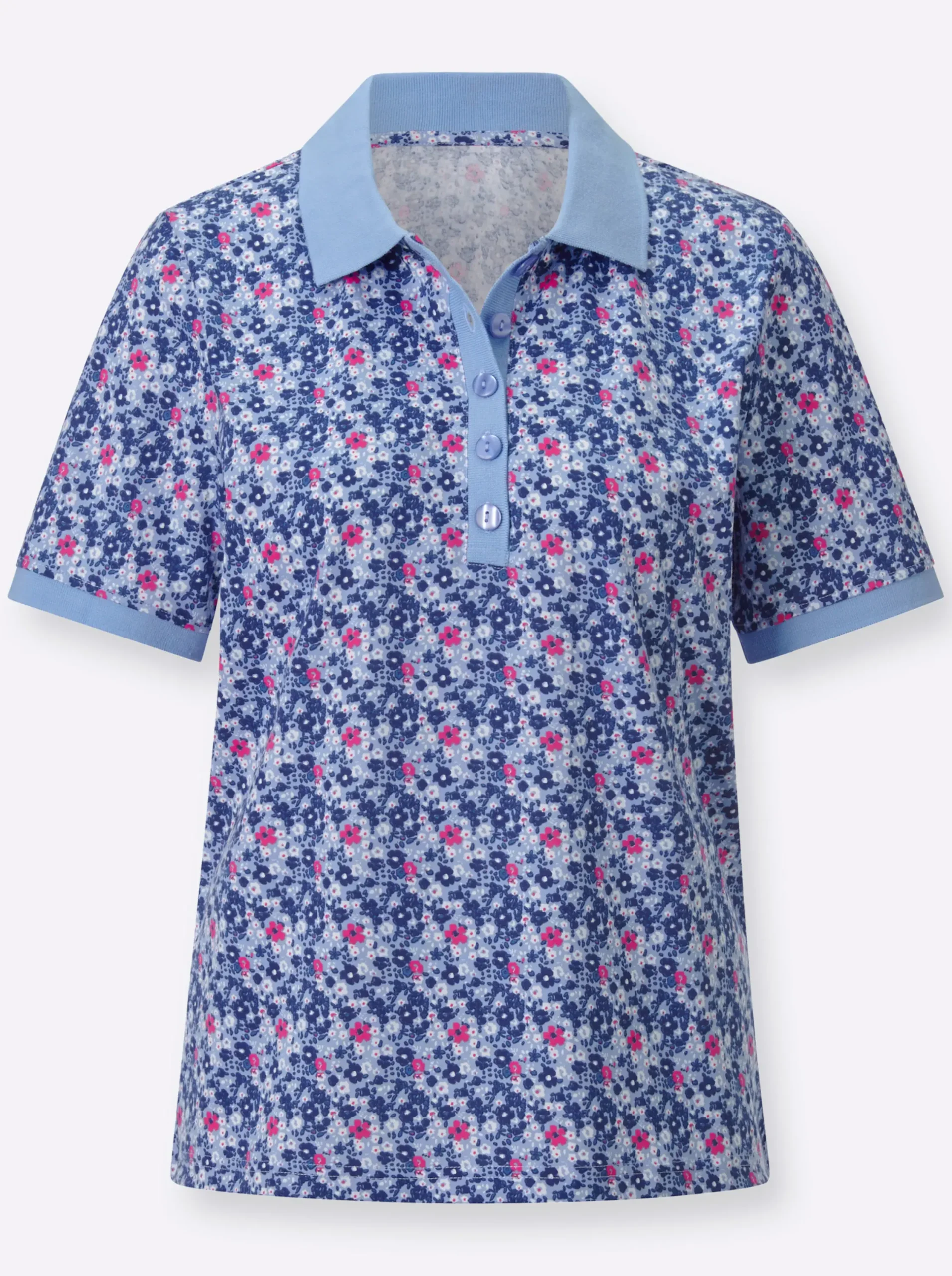 Shirts| Poloshirt mit Knopfleiste bleu-fuchsia-bedruckt