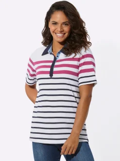 Shirts| Poloshirt mit kontrastfarbigem Kragen ecru-fuchsia-geringelt