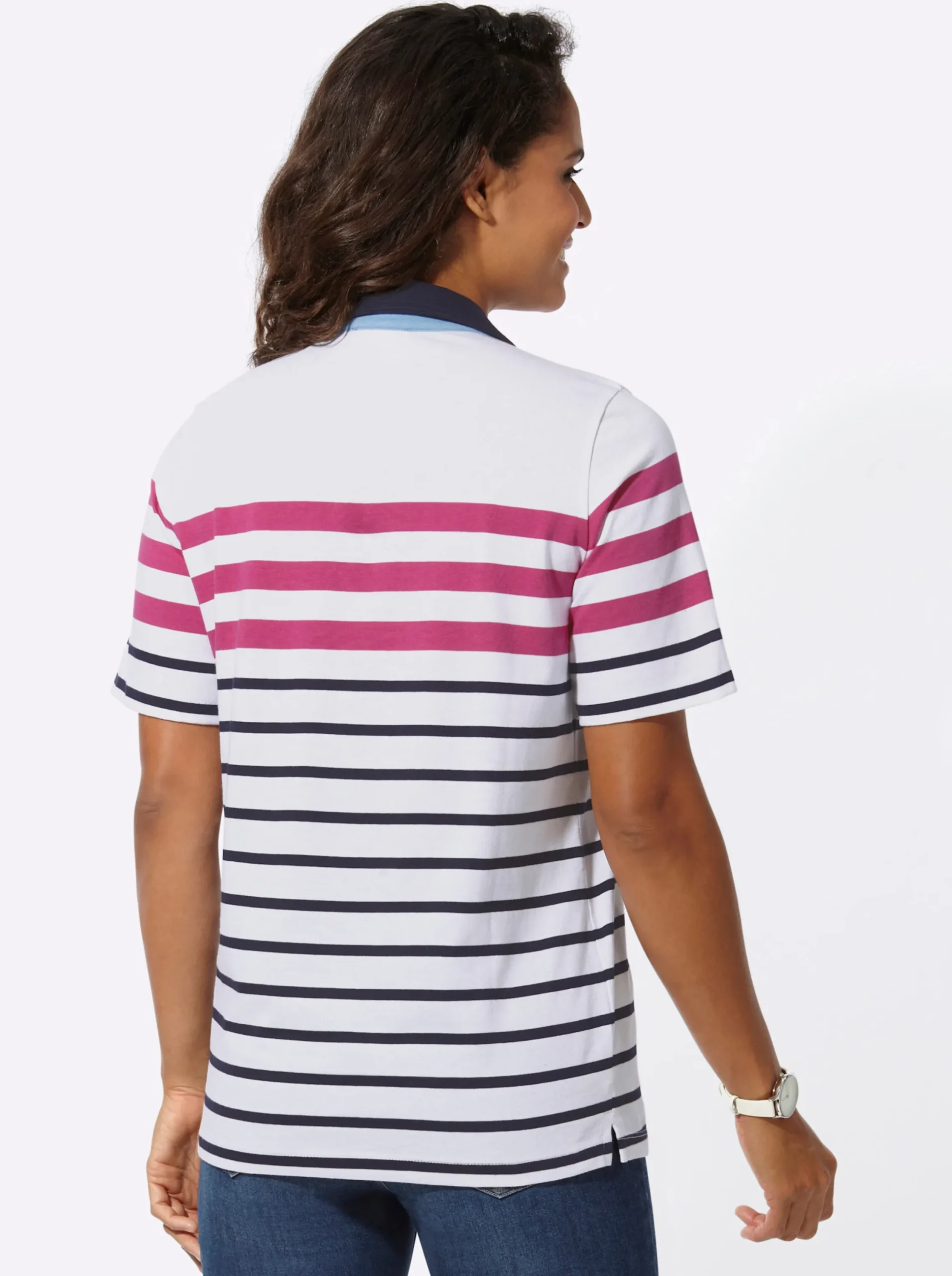 Shirts| Poloshirt mit kontrastfarbigem Kragen ecru-fuchsia-geringelt