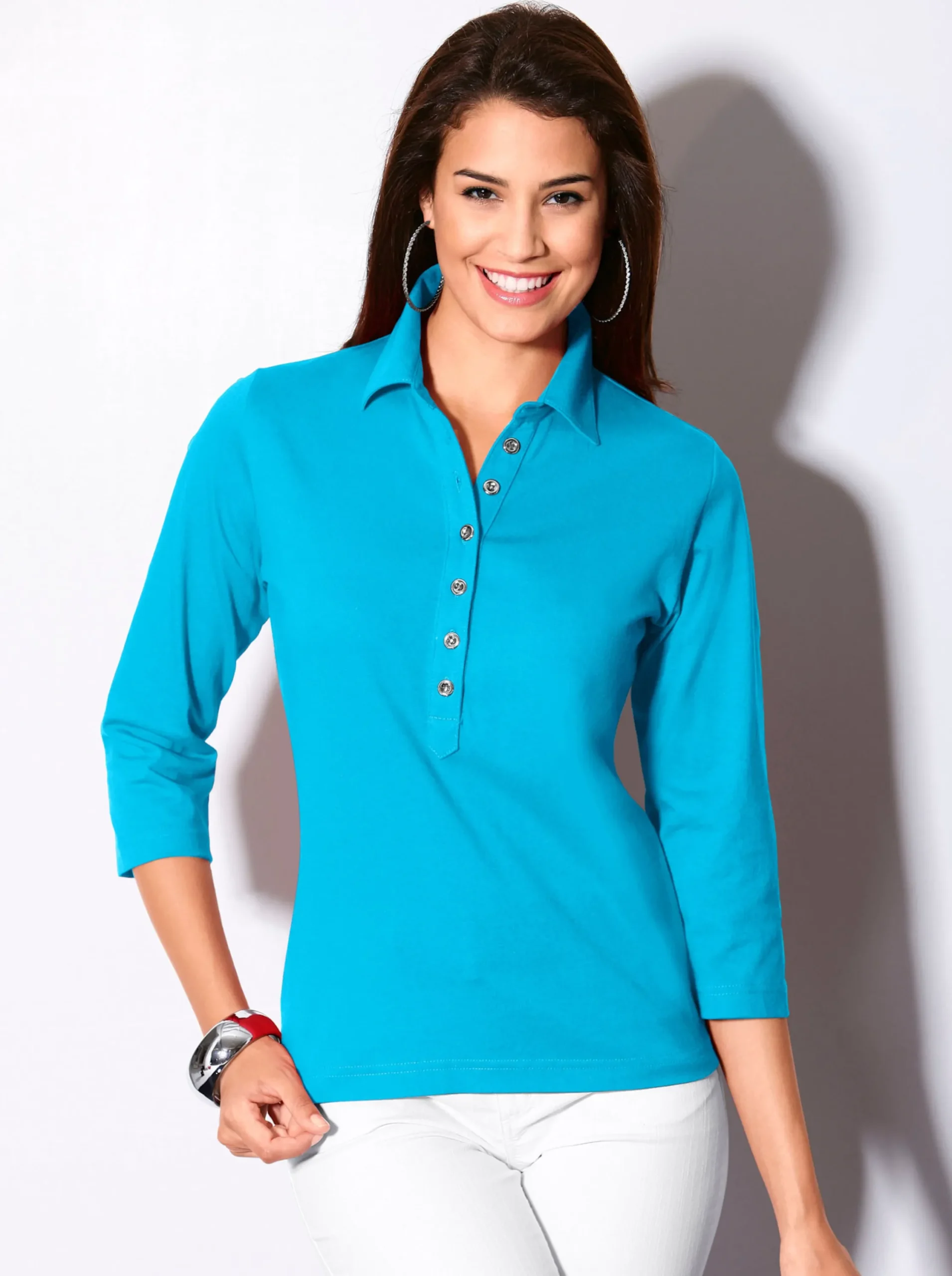 Shirts| Poloshirt mit langer Knopfleiste aqua