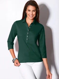 Shirts| Poloshirt mit langer Knopfleiste tannengrün