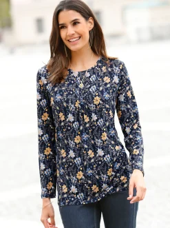 Shirts| Print-Shirt aus Viskose-Stretch marine-ocker-bedruckt