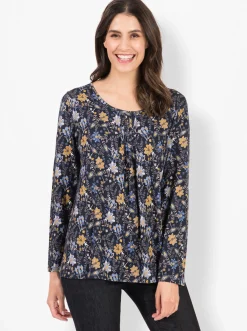 Shirts| Print-Shirt aus Viskose-Stretch marine-ocker-bedruckt