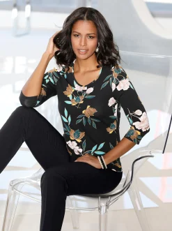 Shirts| Print-Shirt mit floralem Muster petrol-ocker-bedruckt
