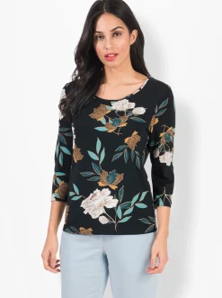 Shirts| Print-Shirt mit floralem Muster petrol-ocker-bedruckt