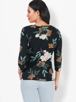 Shirts| Print-Shirt mit floralem Muster petrol-ocker-bedruckt