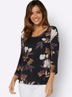 Shirts| Print-Shirt mit floralem Muster lila-ocker-bedruckt