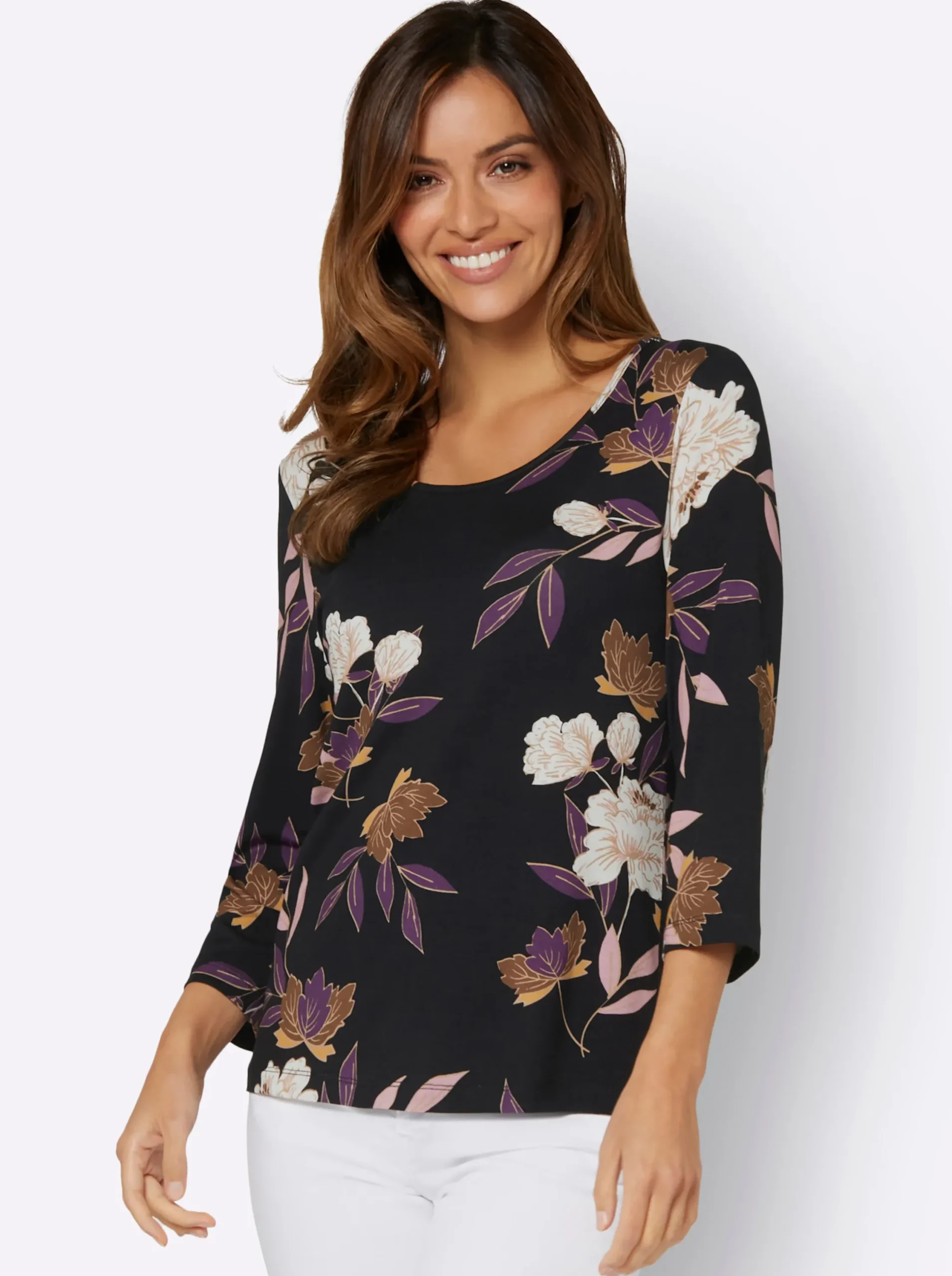 Shirts| Print-Shirt mit floralem Muster lila-ocker-bedruckt