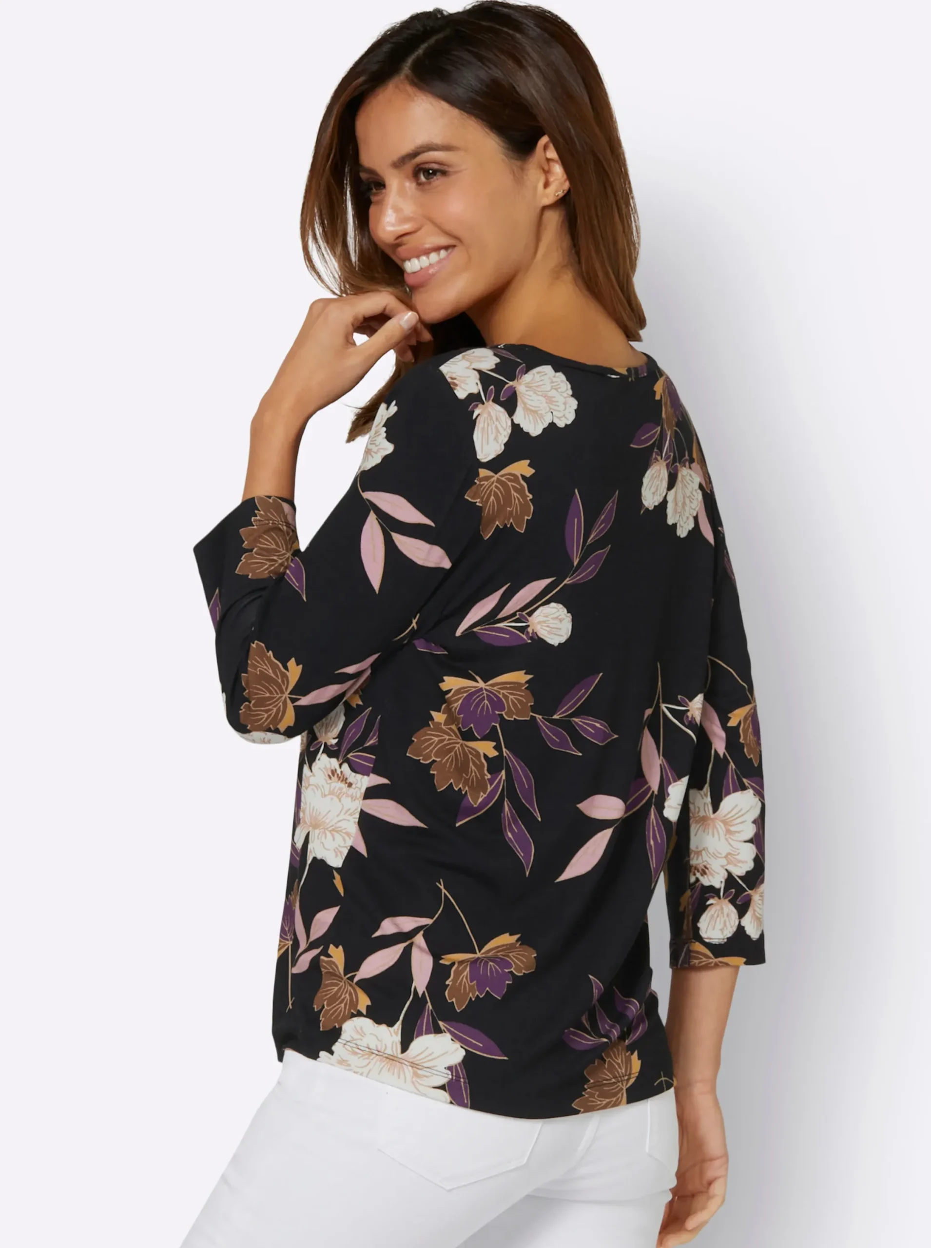 Shirts| Print-Shirt mit floralem Muster lila-ocker-bedruckt