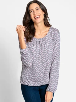 Shirts| Print-Shirt mit Gummizug an Ärmeln und Saum grau-mauve-bedruckt