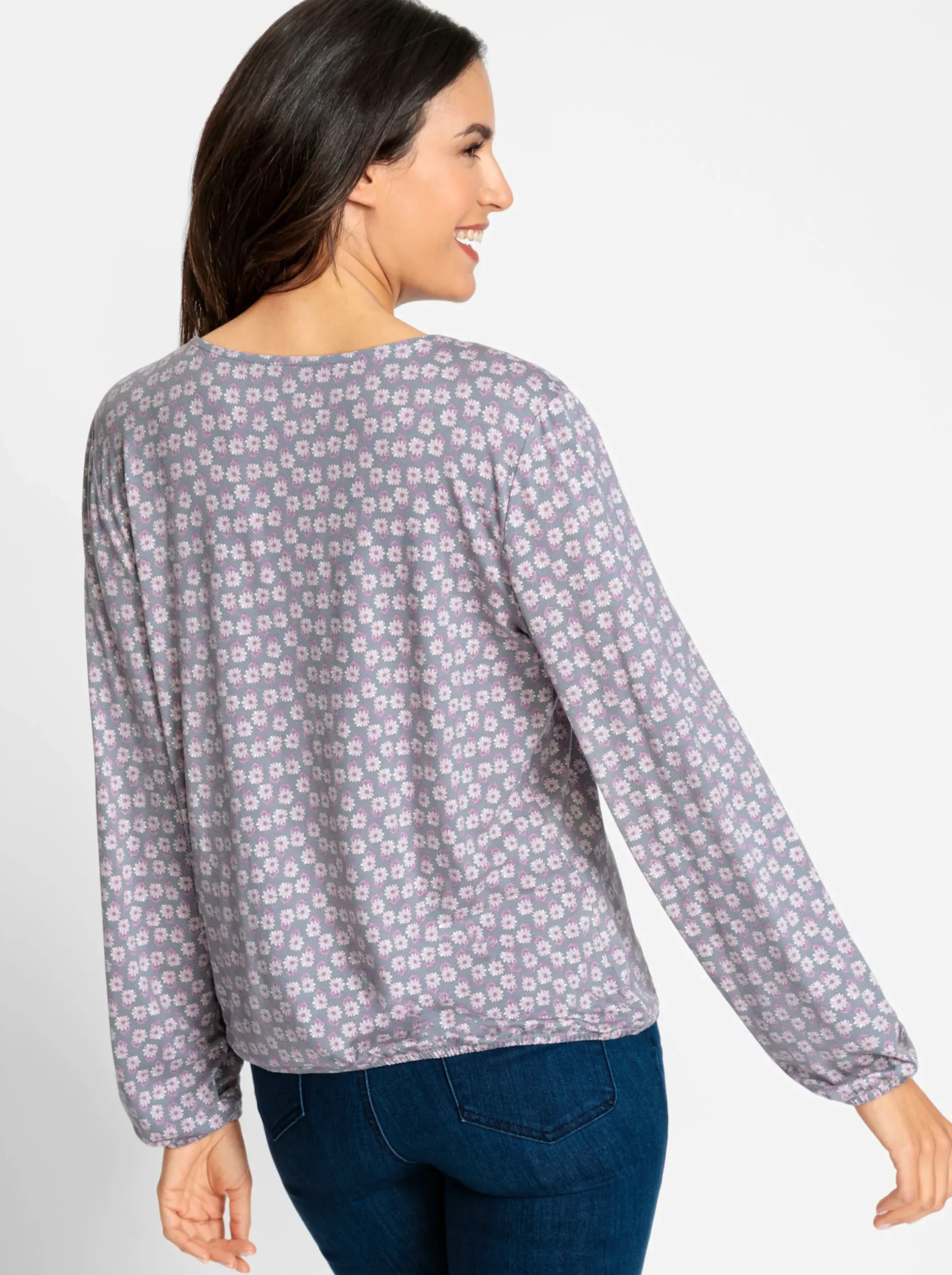 Shirts| Print-Shirt mit Gummizug an Ärmeln und Saum grau-mauve-bedruckt