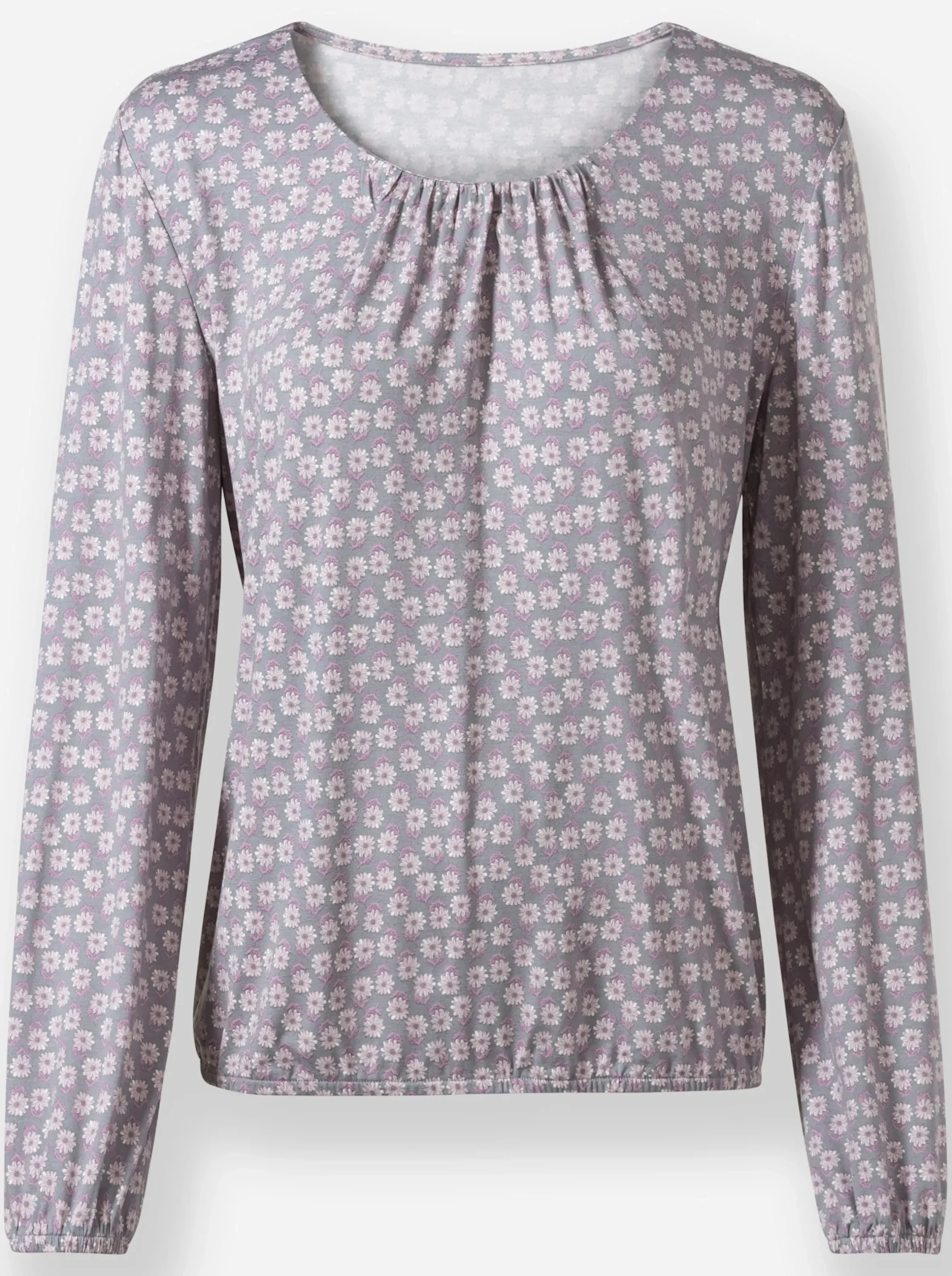 Shirts| Print-Shirt mit Gummizug an Ärmeln und Saum grau-mauve-bedruckt