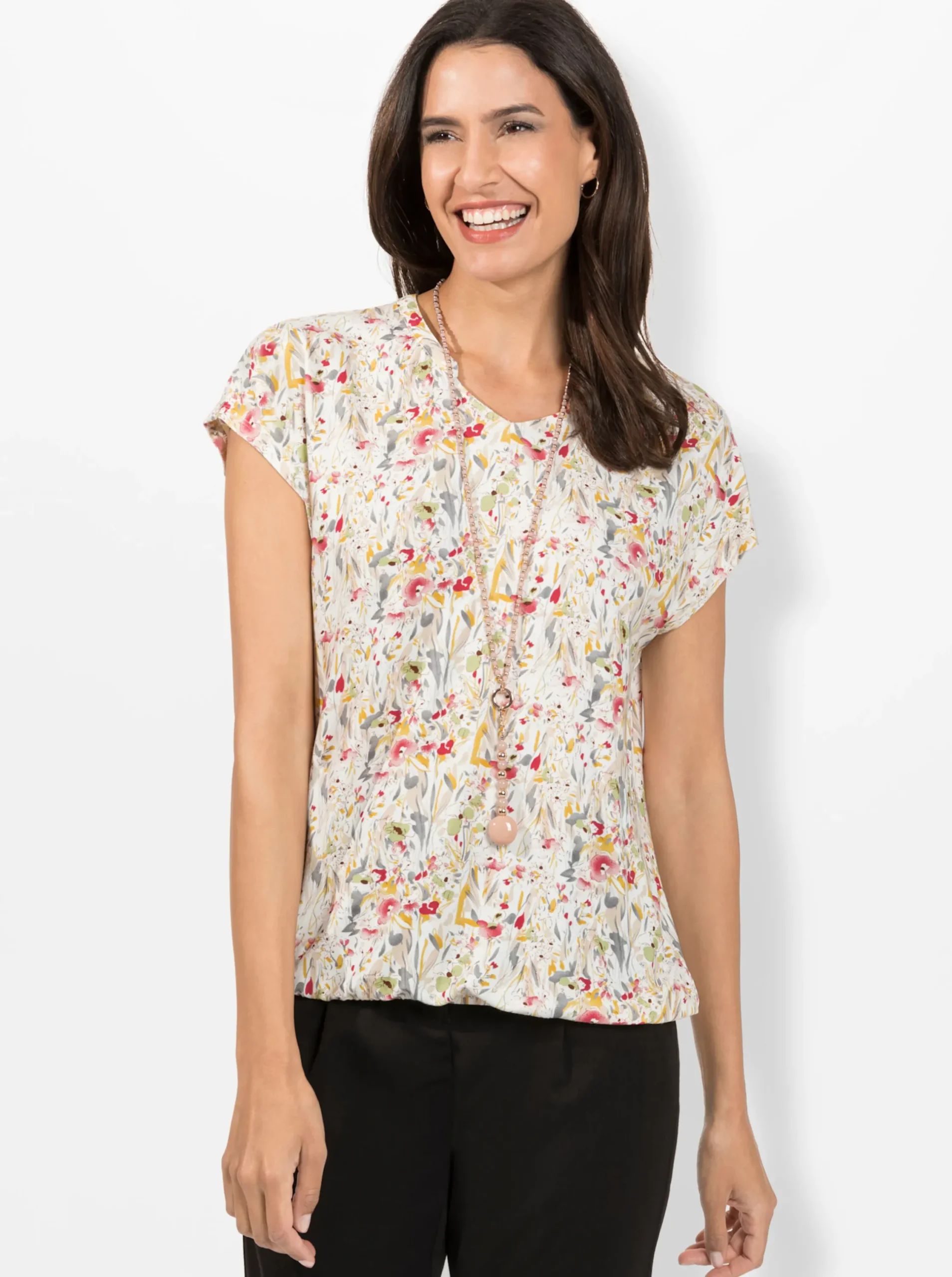 Shirts| Print-Shirt mit kleinem V und Raffung am Ausschnitt ecru-bedruckt