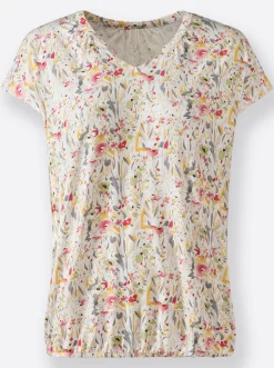 Shirts| Print-Shirt mit kleinem V und Raffung am Ausschnitt ecru-bedruckt